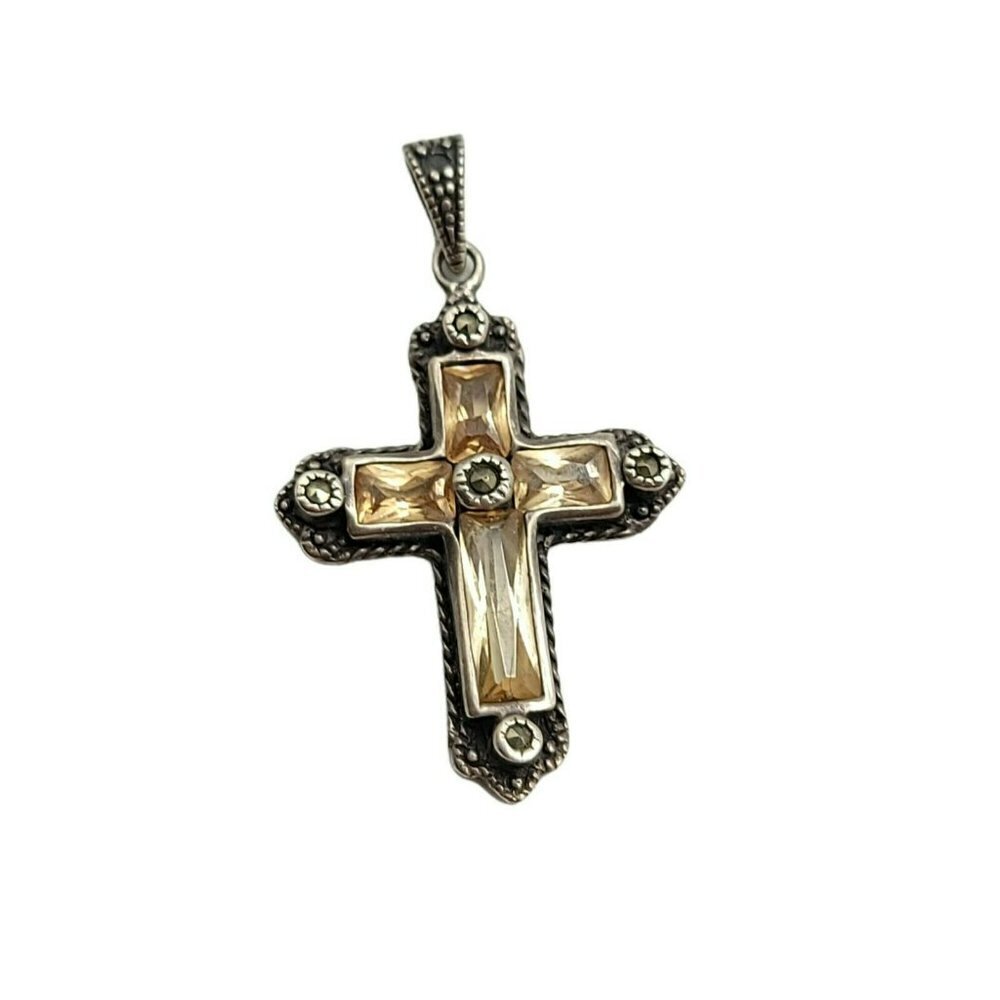 Sterling Silver .925 Yellow Faceted Glass Rhinestone Marcasite Cross Crucifix